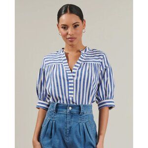Sugarlips Catana Striped Split Neck Blouse - Blue and White Stripe - SMALL